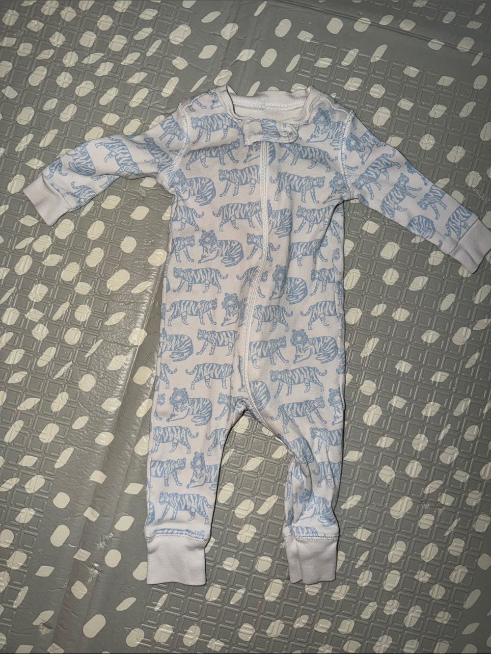 Lewis Zip One-Piece Pajamas in White with Light Blue Tiger Print
